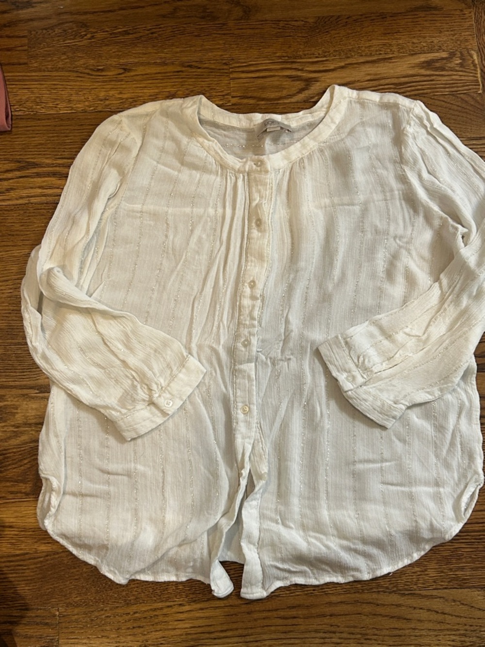 LOFT Cream Button-Front Peasant Blouse with Subtle Metallic Thread